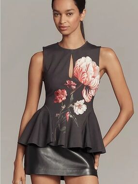 Maeve Charcoal Peplum Tank with Pink Floral Print S